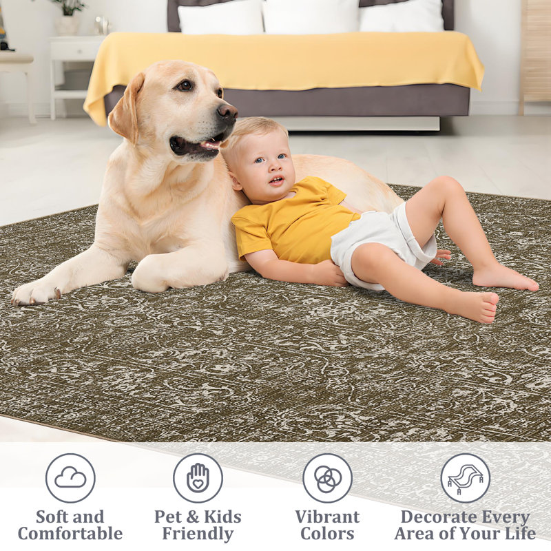 Tapis rétro pour salle de bain Tapis de salle à manger, Brun, Rectangulaire 8 pi x 10 pi