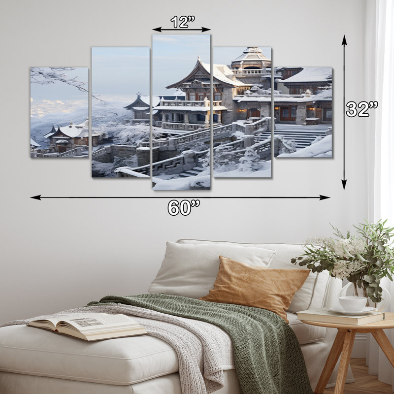 «Winter Village Landscape II - Landscape», reproduction sur toile - 5 panneaux