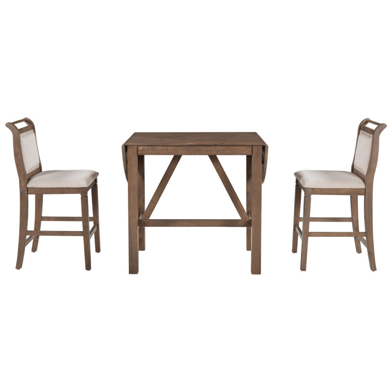 Ensemble de table de salle à manger à hauteur de comptoir en bois 3 pièces avec 2 chaises rembourrées pour petite place, Brun