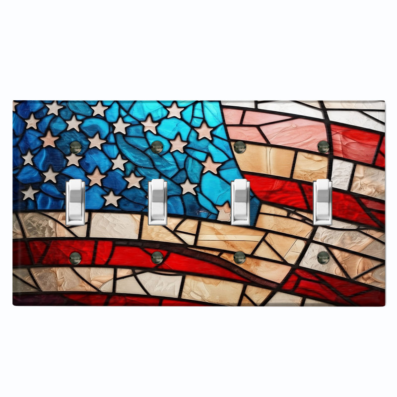 Metal Light Switch Plate Outlet Cover (United States Flag Tile Glass Print - Quadruple Toggle)