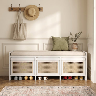 Banc de rangement pour hall d'entrée 48 po avec rangement dissimulé et tiroirs en rotin