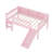 Twin Loft Bed with Storage Shelves, Solid Wood Lower Loft Bed with LED Lights and Full-length Guardrails, No Box Spring Needed, Pink-171186388-171186387