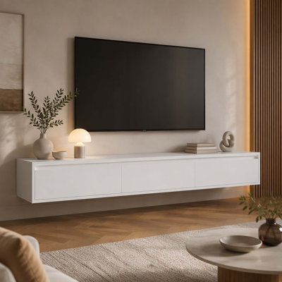 Floating TV Stand, Wall Mounted TV Shelf with LED Lights & Power Outlet, High Gloss Cabinet for Living Room