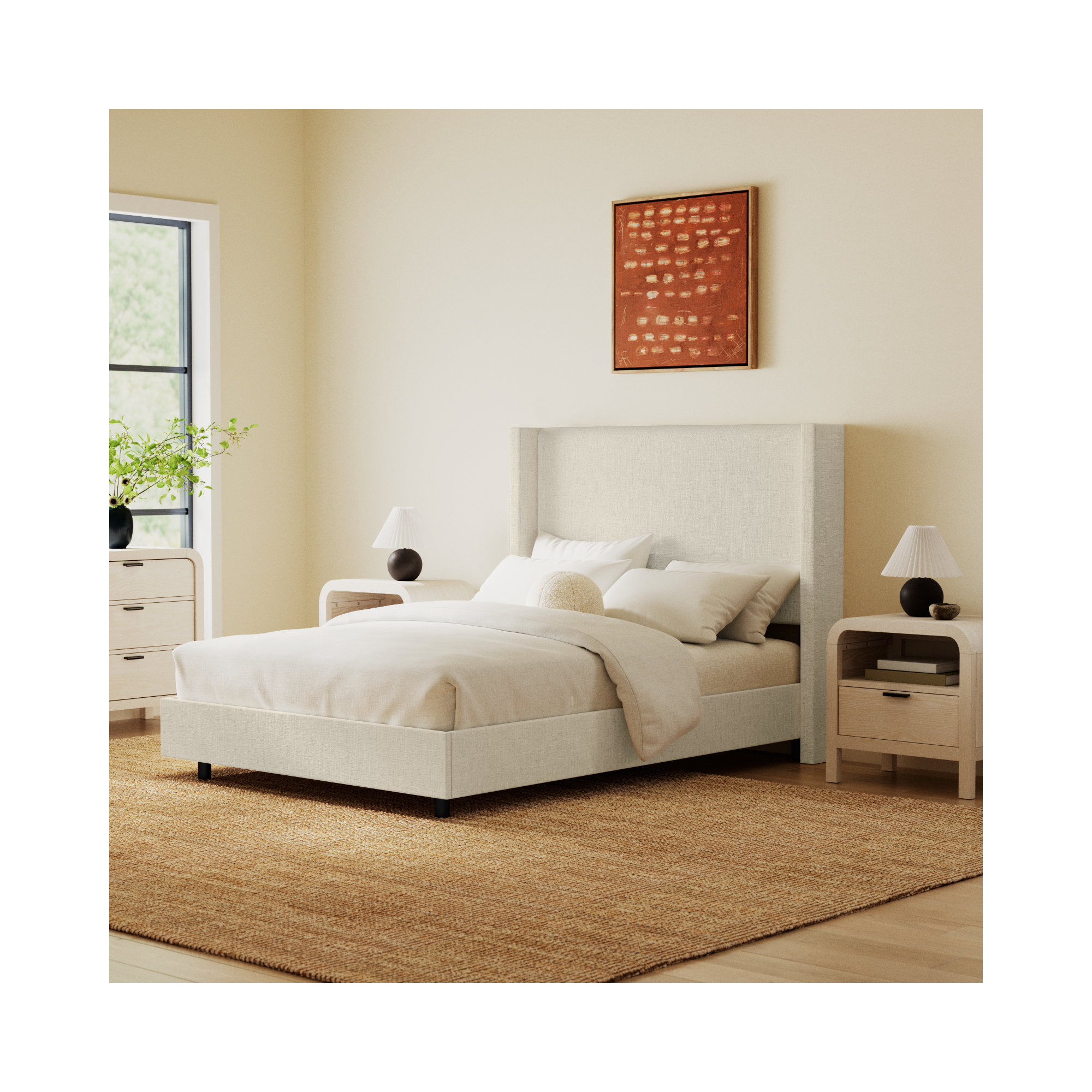 Hanson Upholstered Wingback Bed, Twin, Classic Talc Linen