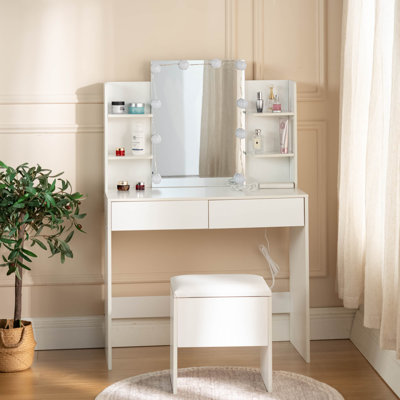 Vanity With Stool And Lighted Mirror,Makeup Vanity Desk With Charging Station,Adjustable 3 Color LED Lights For Bedroom,White