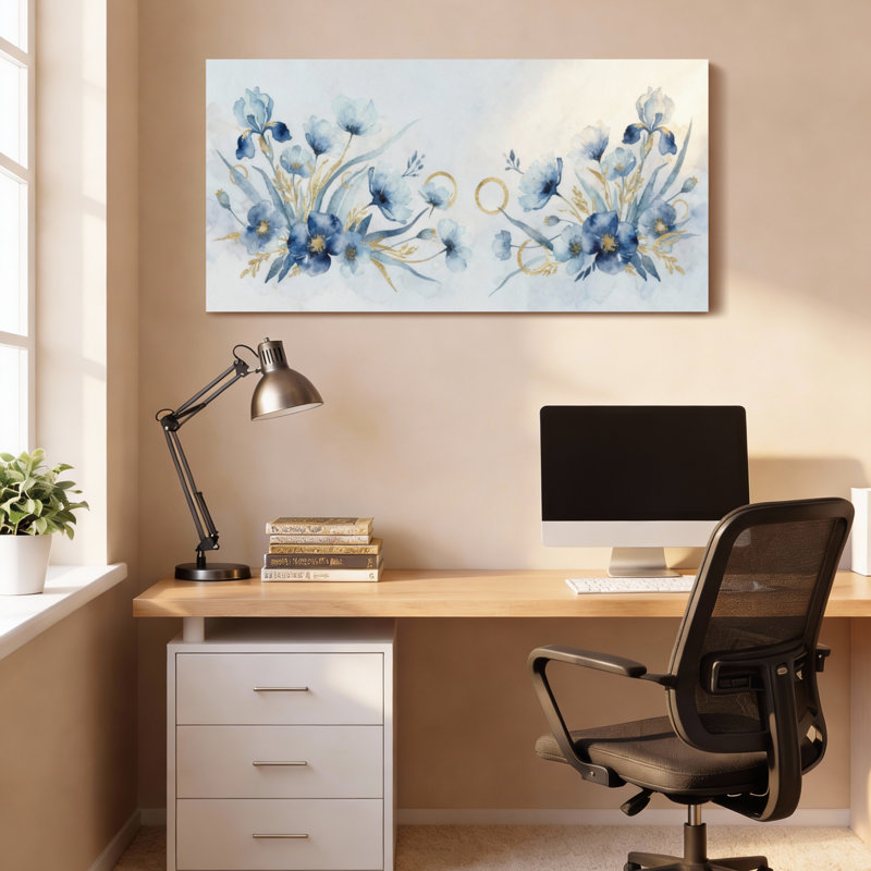 «Blue Floral Watercolor», ensemble de 1 reproduction d'art sur toile tendue, H 24 po x l 48 po