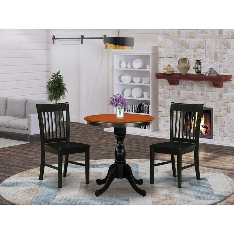 3 Piece Dining Room Table Set Contains a Round Dining Table with Pedestal and 2 Wood Seat Chairs, 30x30 Inch, Black & Cherry