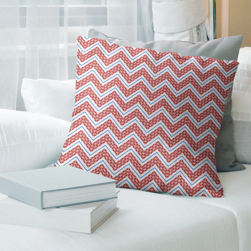 Coussin décoratif 14 po, 26 po x 26 po, Rouge clair / Bleu, Chevrons