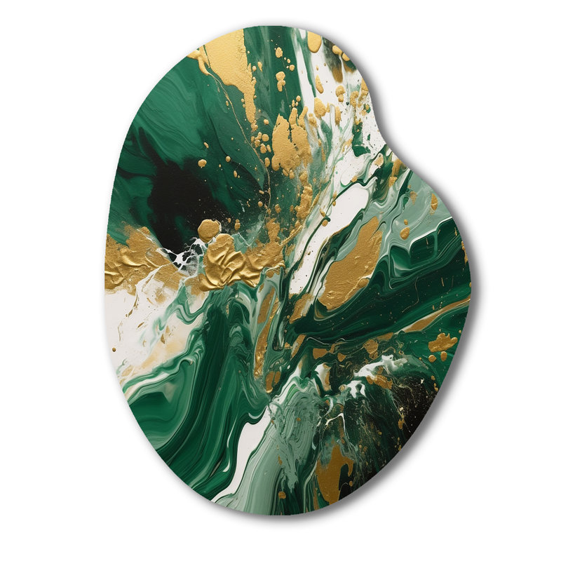 Vert et or liquide Magic I - forme abstraite murale en métal, reproduction d'art asymétrique verte, H 30 po x l 22 po