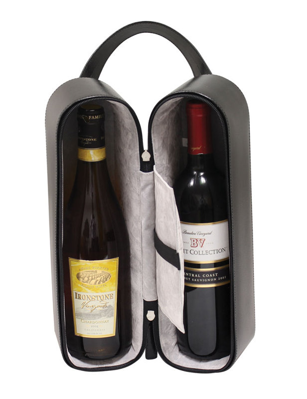 Black Leather Two-Bottle Wine Carrier with Handle