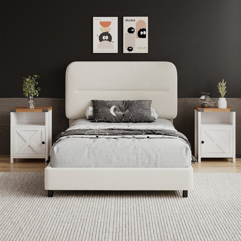 3 Piece Upholstered Bedroom Set,Bed Frame With Set Of 2 Nightstands, Cream/White, Twin