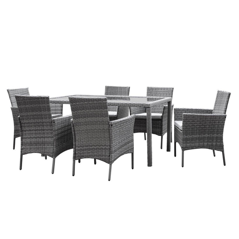 Ahmid 6 Seater Dining Set with Cushions and Parasol, Grey, Cream Umbrella