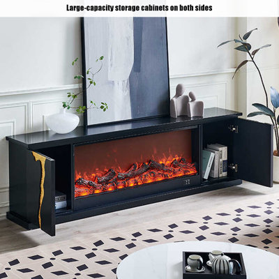 Meuble télé en bois massif de style français avec foyer électrique à flamme simulée