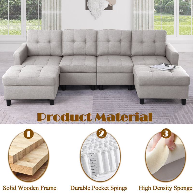 Kentrell 6-Piece Upholstered U-Shape Sectional Sofa With Ottoman, Light Gray
