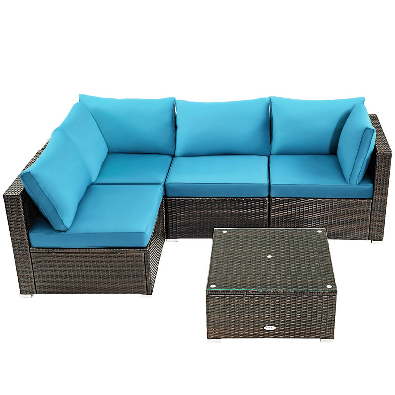 Rattan Sectional Seating Group with Cushions, Turquoise