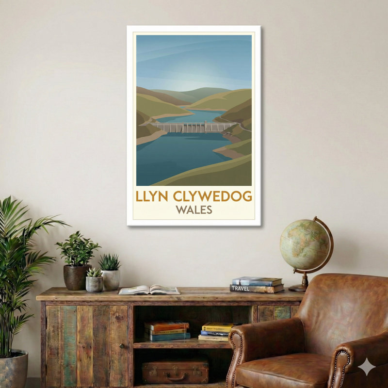 Llyn Clywedog, Wales - Romantic Reservoir and Rolling Hills Travel Poster. Giclee Print on Wrapped Canvas. Wall Art, Home Decor - Natural Landmarks, Wales 1 Piece Wrapped Canvas Wall Art