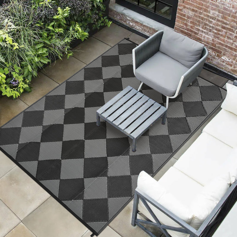 Tapis d'extérieur imperméable et réversible en plastique pour terrasse de camping, Noir/gris, Tapis de couloir 9 pi x 18 pi