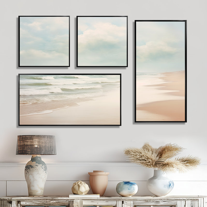 Minimalisme, paysage de plage VI - art mural bleu côtier 4 pièces, Noir, Impression encadrée sans passe-partout