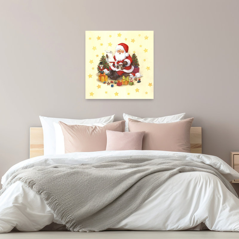 Père Noël festif et chiots - Illustration murale traditionnelle et fantaisiste représentant un sapin de Noël, un ours et un paysage d'hiver