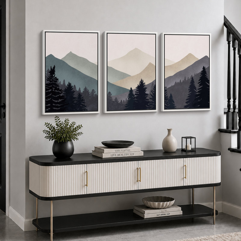 «Sun Mountain Landscape», œuvre abstraite de forêt neutre, images murales minimalistes modernes, impression sur toile encadrée, 3 pièces