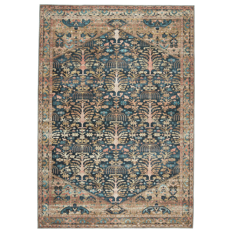 Jayven Machine Washable Performance Blue/Tan Rug, Rectangle 8' x 10'