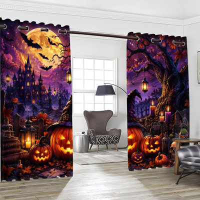 2 PCS rideaux occultants avec œillets, château d'Halloween effrayant et drapeaux imprimés en polyester à imprimé citrouille, isolation thermique, réduction du bruit, protection de la vie privée, obscurcissement des rideaux de traitement de fenêtre pour la chambre à coucher, cuisine, intérieur, décoration intérieure