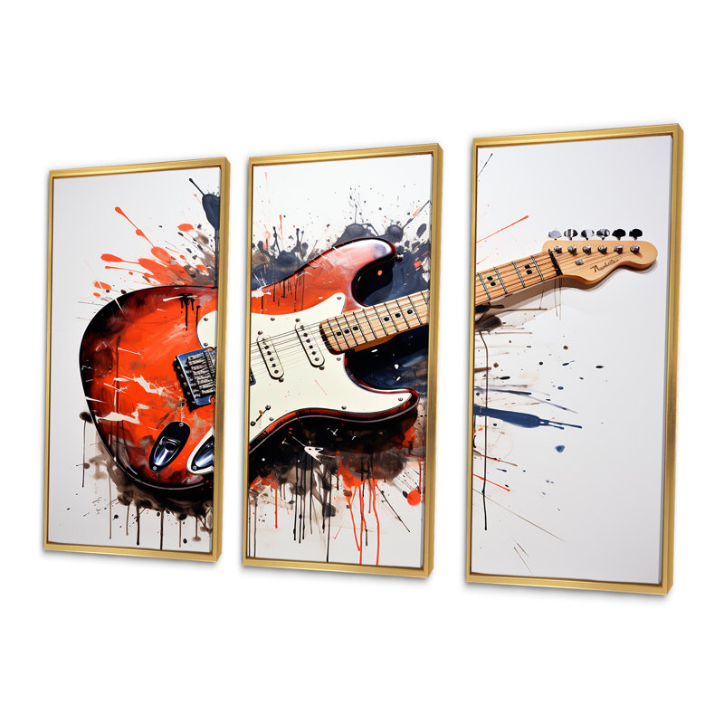 «Red Fluid Brown», guitare, art mural, Cadre flottant doré, H 28 po x l 36 po
