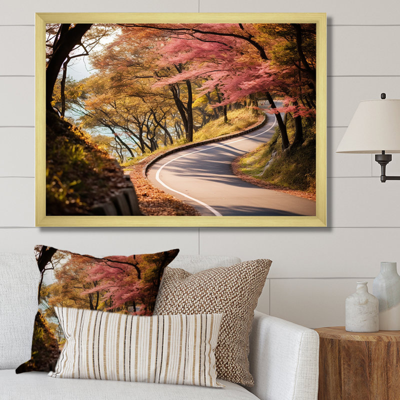 «Rosy Blooming Pathway Into The Forest II - Road», art mural, Cadre doré à coins fermés, H 34 po x l 44 po x P 1,5 po