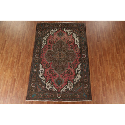 Tapis rose à motif géométrique persan Heriz noué à la main 7 x 10