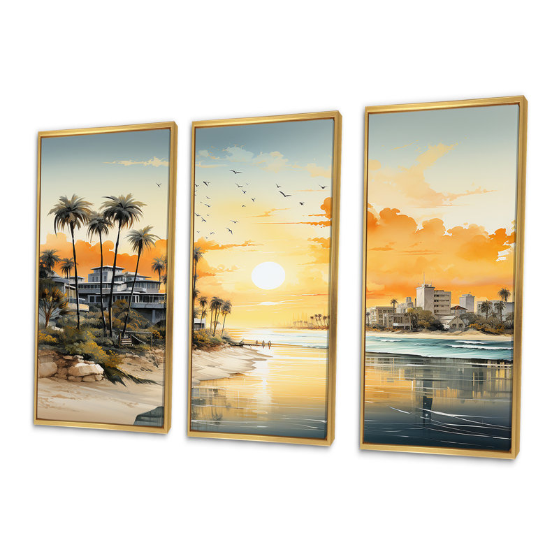 Paysage urbain côtier coucher de soleil - art mural coucher de soleil côtier, Cadre flottant doré, H 28 po x l 36 po x P 1 po