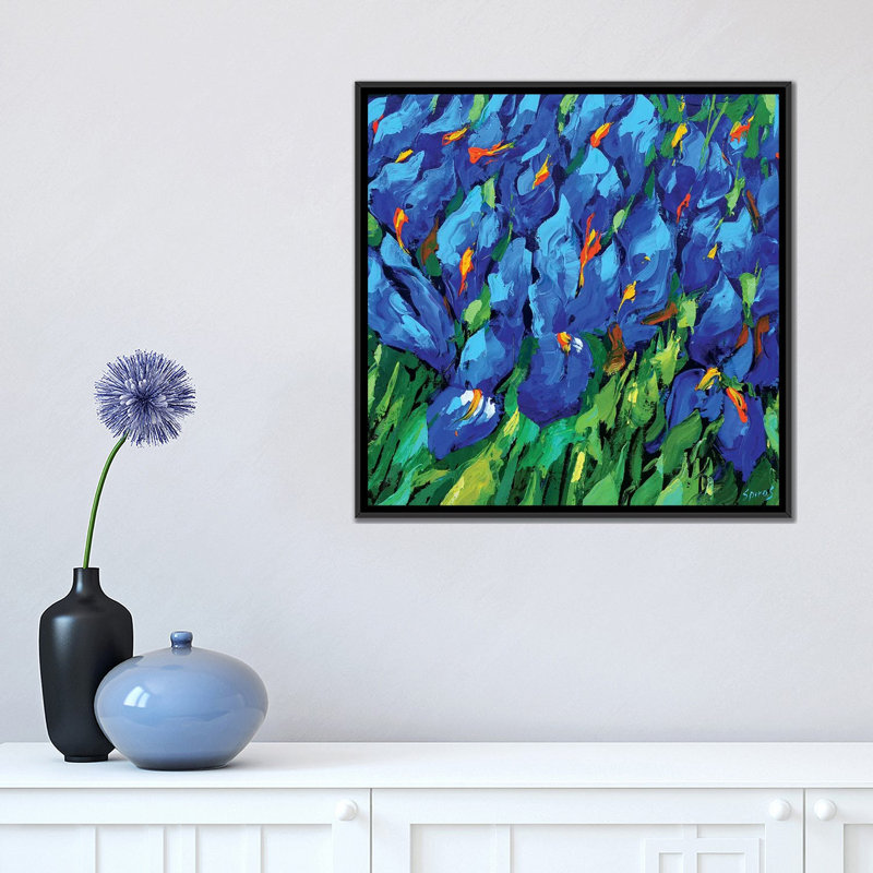 «Blue Irises II» par Dmitry Spiros - reproduction d'art, Non mat, H 18 po x l 18 po x 1,5 po, Toile avec cadre noir