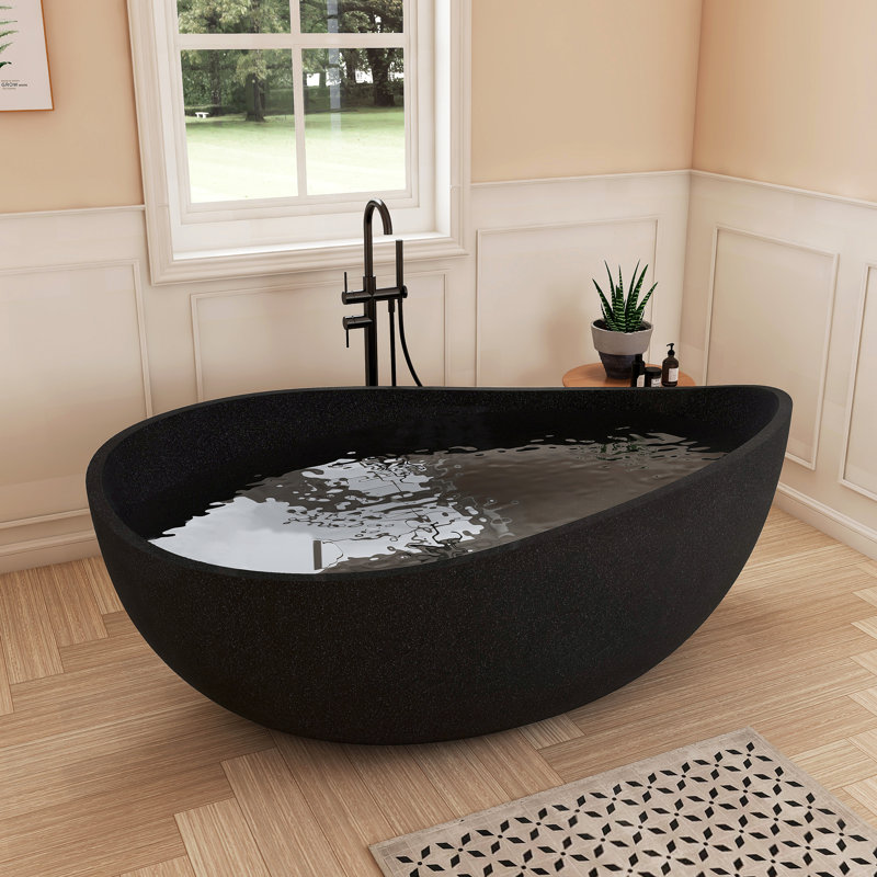 Fslefay 65'' Terrazzo Freestanding Solid Surface Concrete Soaking Bathtub, Black