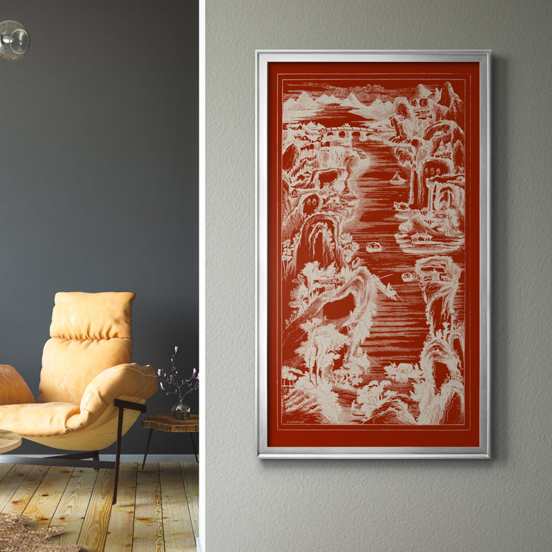 Vue d'oiseau chinois en rouge I - Peinture sur toile encadrée, Argent, H 22,5 po x l 42,5 po x P 1,5 po