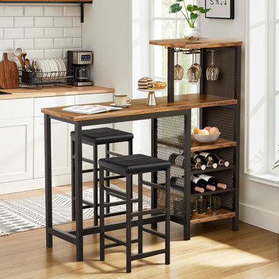 Alaura 3-Piece Brown/Black Counter Height Dining Table Set with Storage Shelves, Wine Rack & Upholstered Bar Stools – Small Space Kitchen Table Set, Breakfast Nook Pub Dining Set