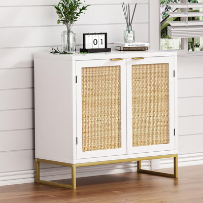 Rattan Cabinet, Sideboard Buffet Storage Cabinet With 2 Doors Kitchen Sideboard Furniture With Natural Rattan, White