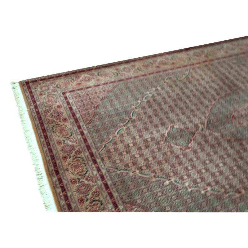 Tapis unique crème / vert clair / rouge noué à la main de haute qualité