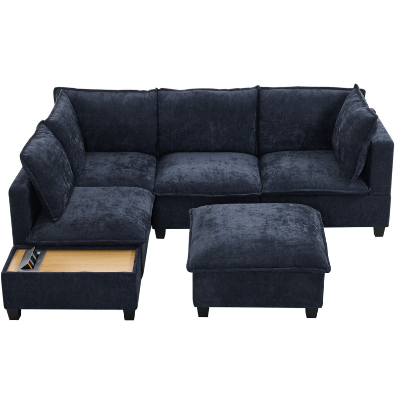 Blue Sectional , 90". Movable & Coffee Table With Hidden Charging. Snug Padded Contentment, Long-lasting Style Enhancement 90" Table. Charging Port, Soft Rest, Allure