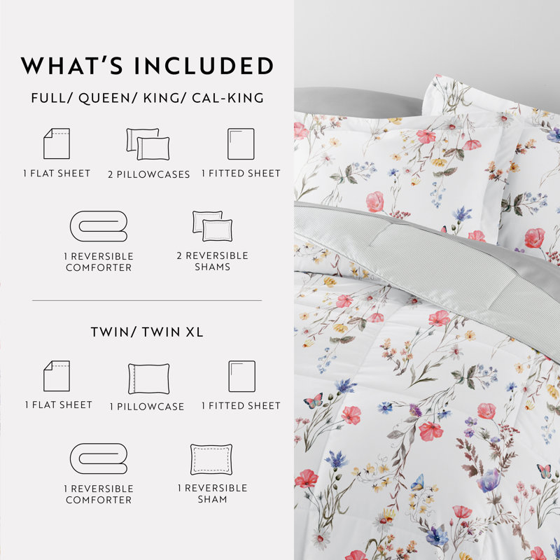 7-Piece Bedding Bundle - Pattern Comforter and Sheet Set, Full Comforter + 1 Additional Piece, Pink Floral