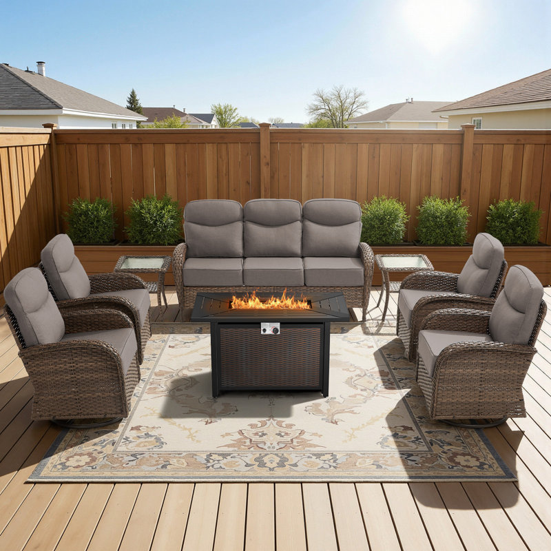 7 - Person Fire Pit Outdoor Wicker Conversation Furniture Set With 6" Cushions, 55,000 BTU Propane Table, Gray