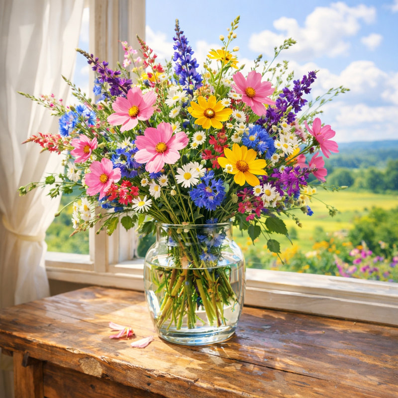 Fenêtre, bouquet de fleurs, art mural sur toile VI, L 20 po x H 20 po x P 1,5 po