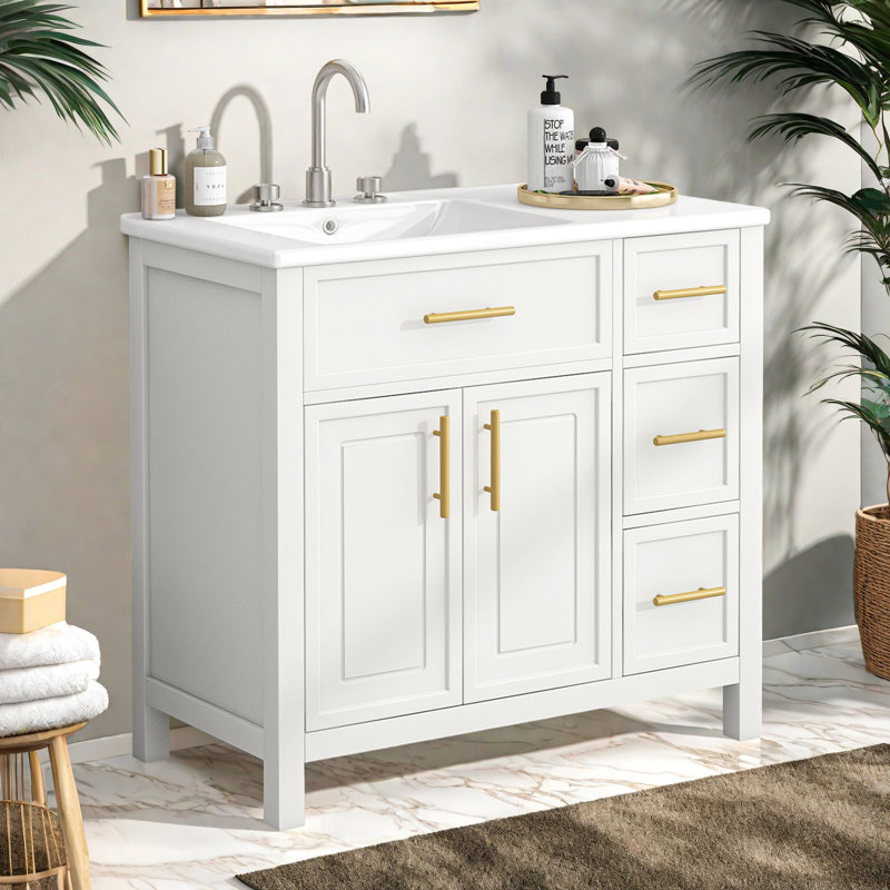 36 Inch Single Bathroom Vanity With Ceramic Sink Top, Bathroom Vanity Cabinet With 3 Drawers And 2 Doors, Black