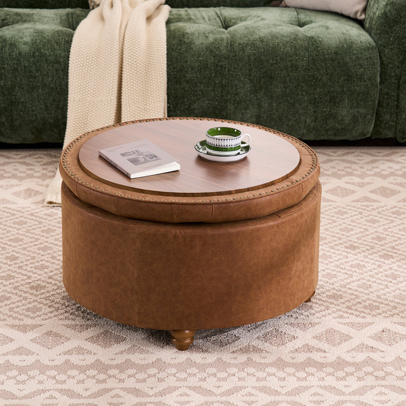 Repose-pieds de rangement rond de 28 po avec plateau, table basse capitonnée à rangement circulaire, grand tabouret rembourré avec plateau amovible pour le salon