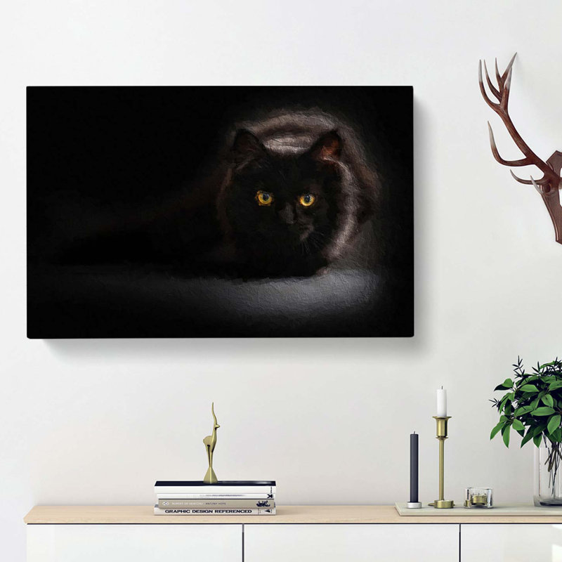 Black Cat with Yellow Eyes - Wrapped Canvas Painting Print, 50cm H x 76cm W x 3cm D