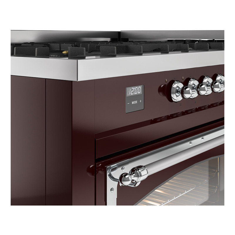 ILVE Nostalgie II Noblesse 60 in Dual Fuel Range, 9 Burner, Griddle, Burgundy/Chrome, Natural Gas