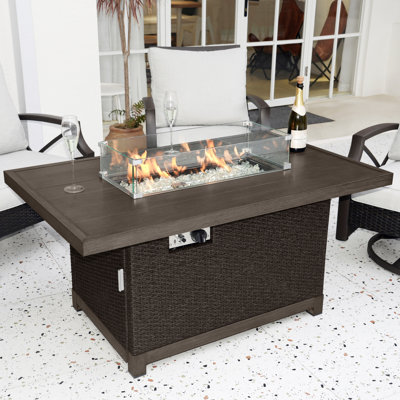 52" L x 32" W Handwoven Rattan Outdoor Propane Gas Fire Pit Table with Lid