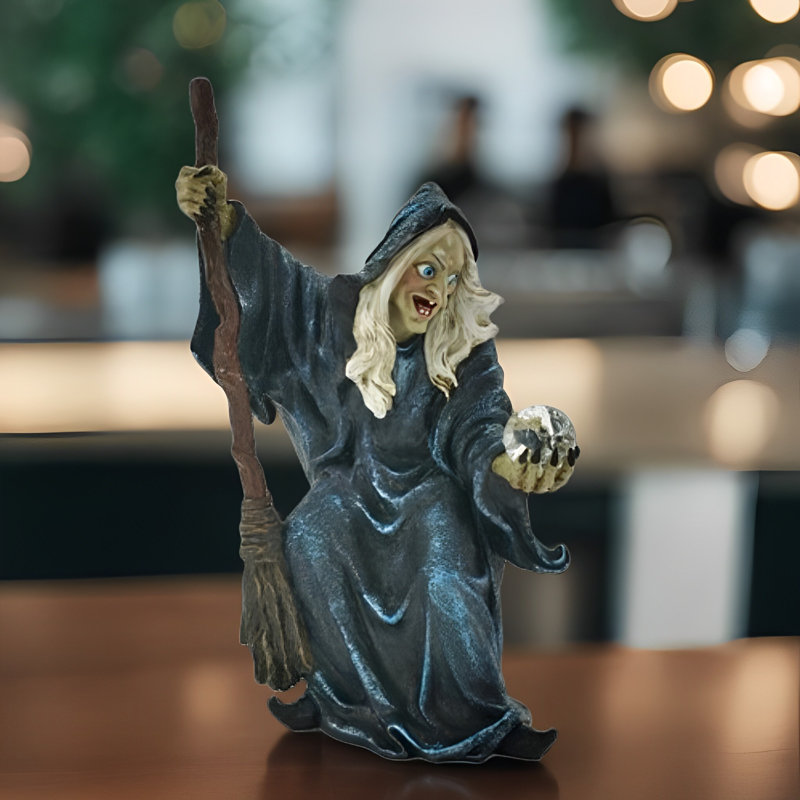 12"H Witch with Broom & Crystal Figurine