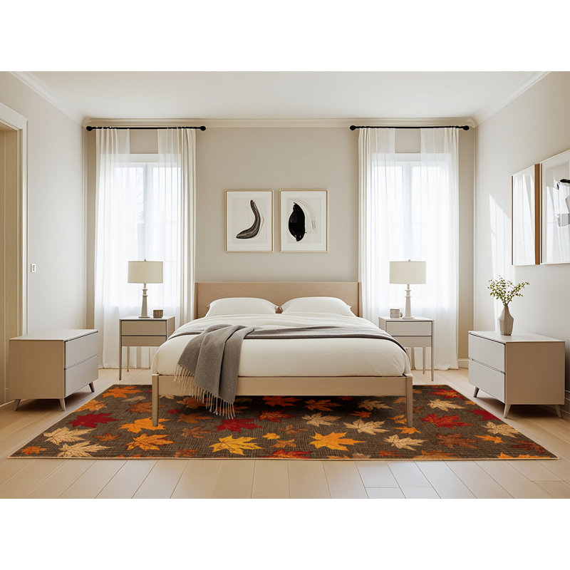 Machine Washable Botanical Brown Area Rug, Rectangle 5' x 8'
