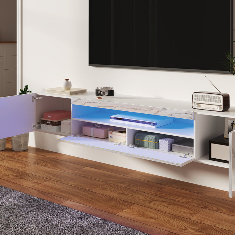 Meuble télé haute brillance avec grand espace de rangement et éclairage à DEL avec télécommande, Marbre blanc