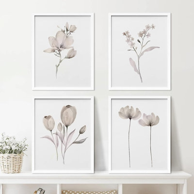 Minimal Botanical " IDEA4WALL Framed Pastel Winter Tulip Daisy Flower Wall Art, Set Of 4 Nature Wilderness Wall Decor Prints, Botanical Floral Wall Decor For Living Room, Bedroom " 4 - Pieces