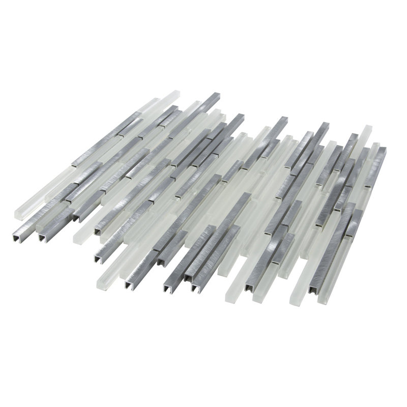 Waterfall Linear Glass And Metal Mosaic Tile, White/Silver